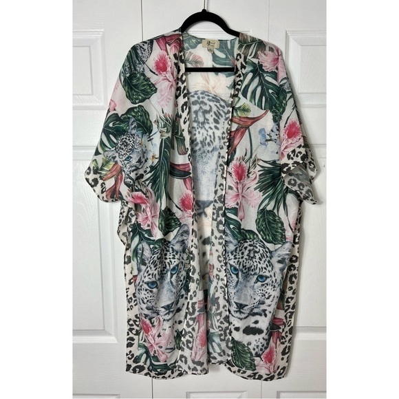 JC Sunny White Leopard Animal Lightweight Semi Sheer Kimono One Size 100% Cotton - Picture 3 of 7
